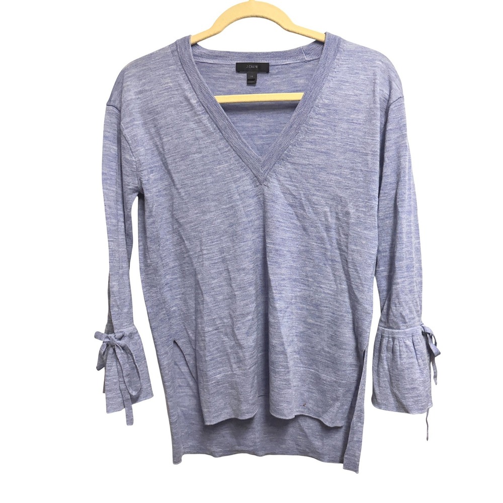 J Crew Merino Wool V-Neck Tie Sleeve Blue Sweater Side Slit Swingy XS